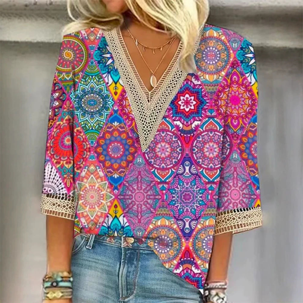 Damen nan locker fallende Mandala-Patchwork-Tunika mit tiefem V-Ausschnitt und Häkelspitzenbesatz Echo Archiv