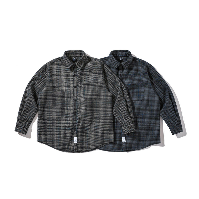 Unisex Kastenförmiges Overshirt aus Wollmix mit Glencheck, Brusttasche und gerundetem Saum Echo Archiv