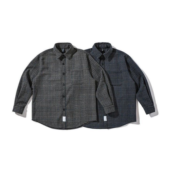 Unisex Kastenförmiges Overshirt aus Wollmix mit Glencheck, Brusttasche und gerundetem Saum Echo Archiv