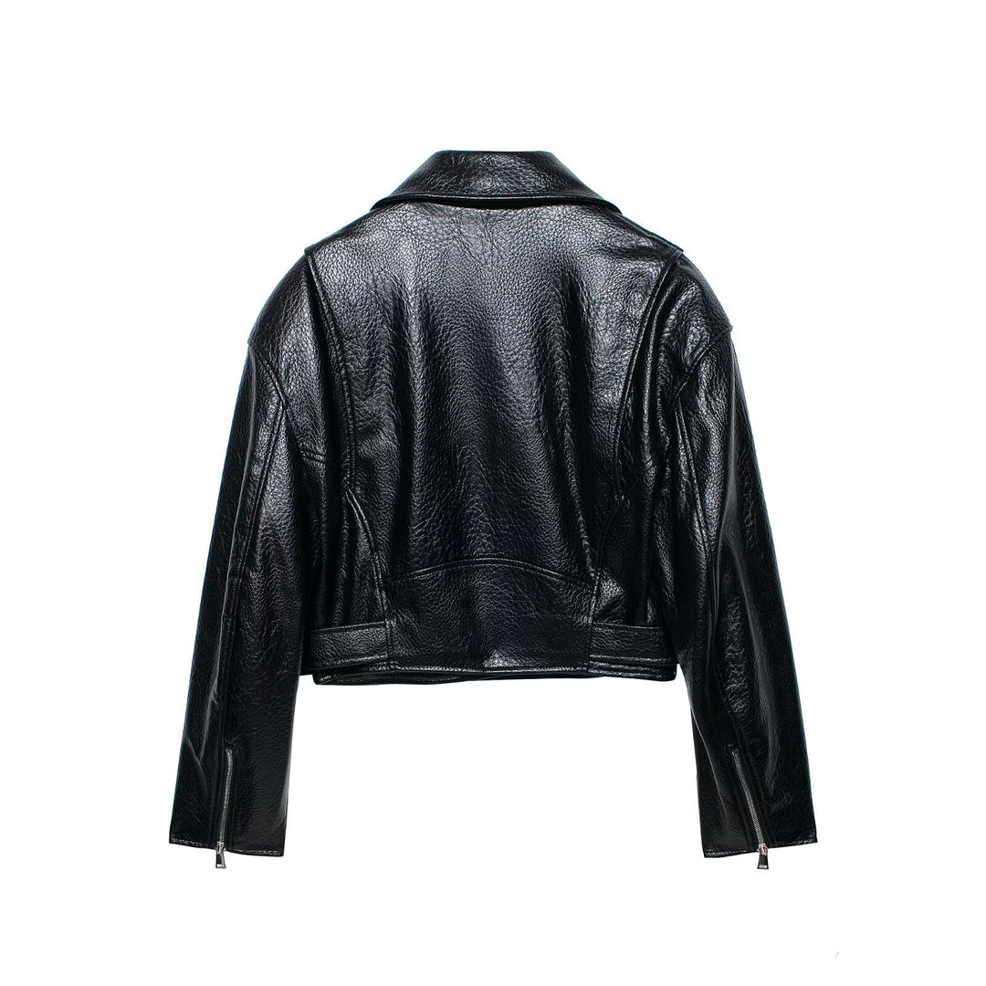 Damen Kurz geschnittene Biker-Lederjacke mit tailliertem Gürtel, asymmetrischer Reißverschluss und Strukturleder Echo Archiv