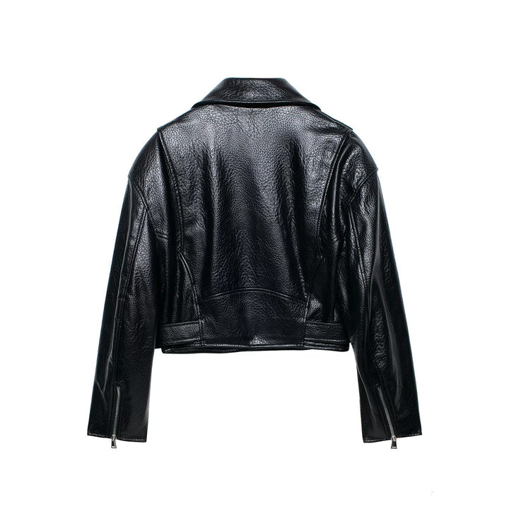 Damen Kurz geschnittene Biker-Lederjacke mit tailliertem Gürtel, asymmetrischer Reißverschluss und Strukturleder Echo Archiv