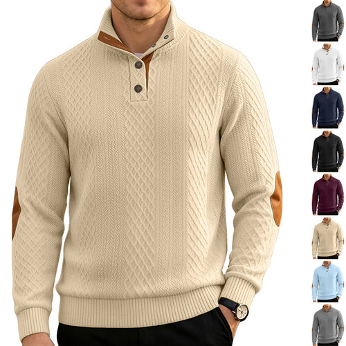 Herren Kabelstrick Troyer Pullover mit Stehkragen und Lederoptik-Ellbogen-Patches – Norvane