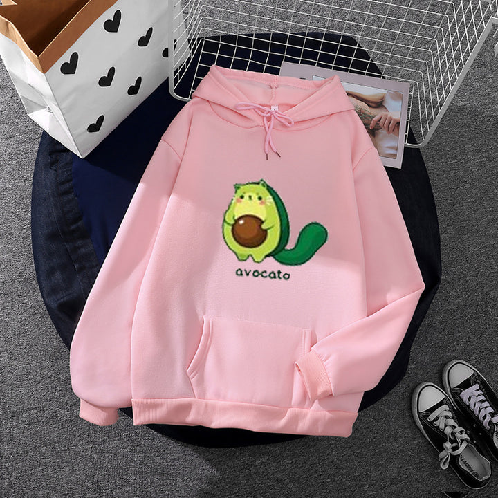 Damen Oversize-Fleecehoodie mit weichem Innenfutter, Kängurutasche und Avocato-Cartoonmotiv – Auréline