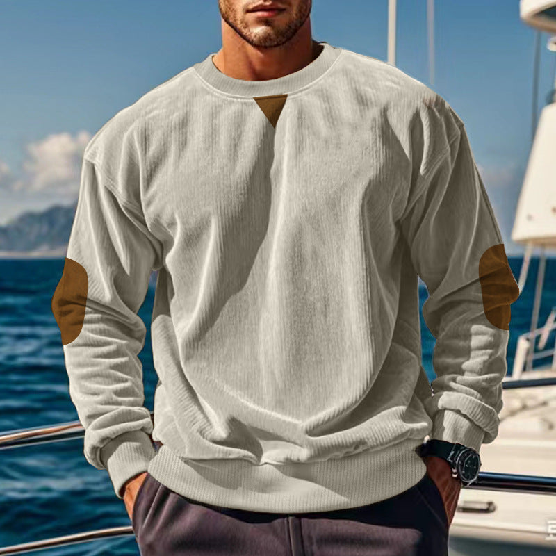 Herren nan gerippter Strickpullover mit Rundhalsausschnitt Ellbogen-Patches und Zierdreieck Echo Archiv