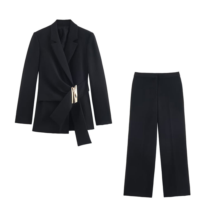 Damen Zweiteiliges Wickelblazer- und Palazzo-Anzugset mit Ziergürtel Echo Archiv