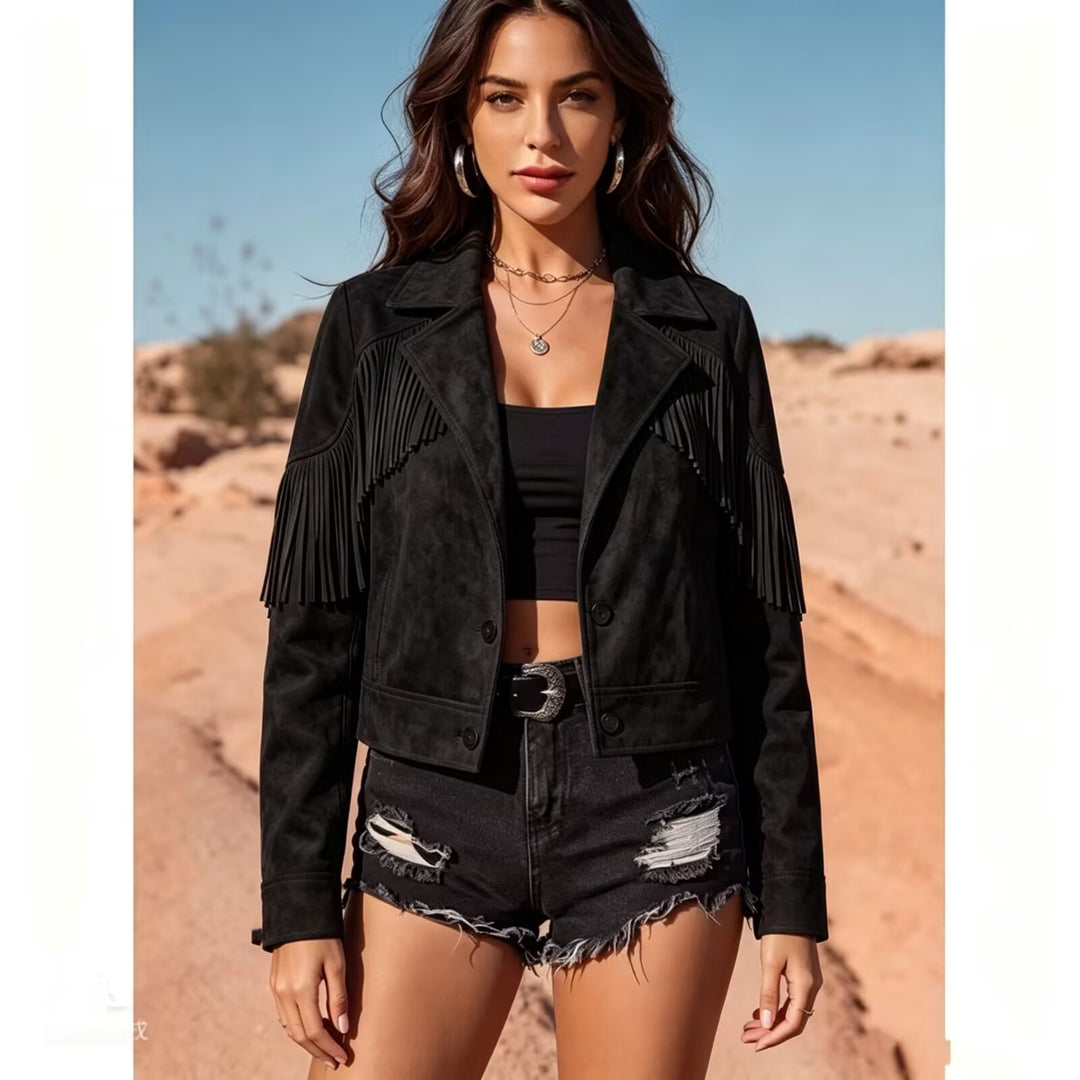Damen Kurze Wildlederoptik-Fransenjacke im Cropped-Boxy-Schnitt Echoarchiv