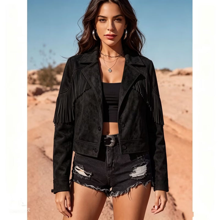 Damen Kurze Wildlederoptik-Fransenjacke im Cropped-Boxy-Schnitt Echoarchiv