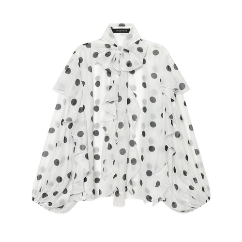 Damen Leichte Chiffonbluse mit Volants, Schleifenkragen und Pünktchenprint Echo Archiv