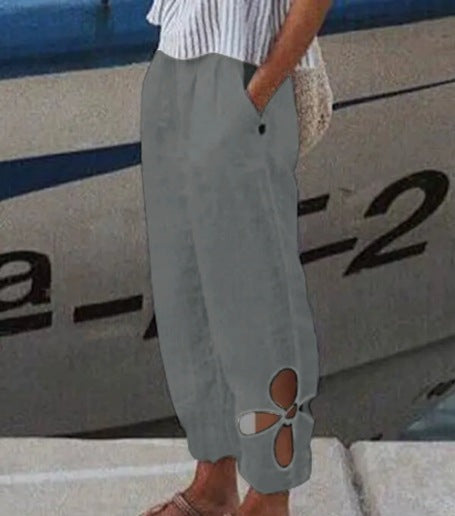 Damen nan leichte Sommerhose mit elastischem Bund, gerafftem Knöchel und blütenförmiger Aussparung Echo Archiv