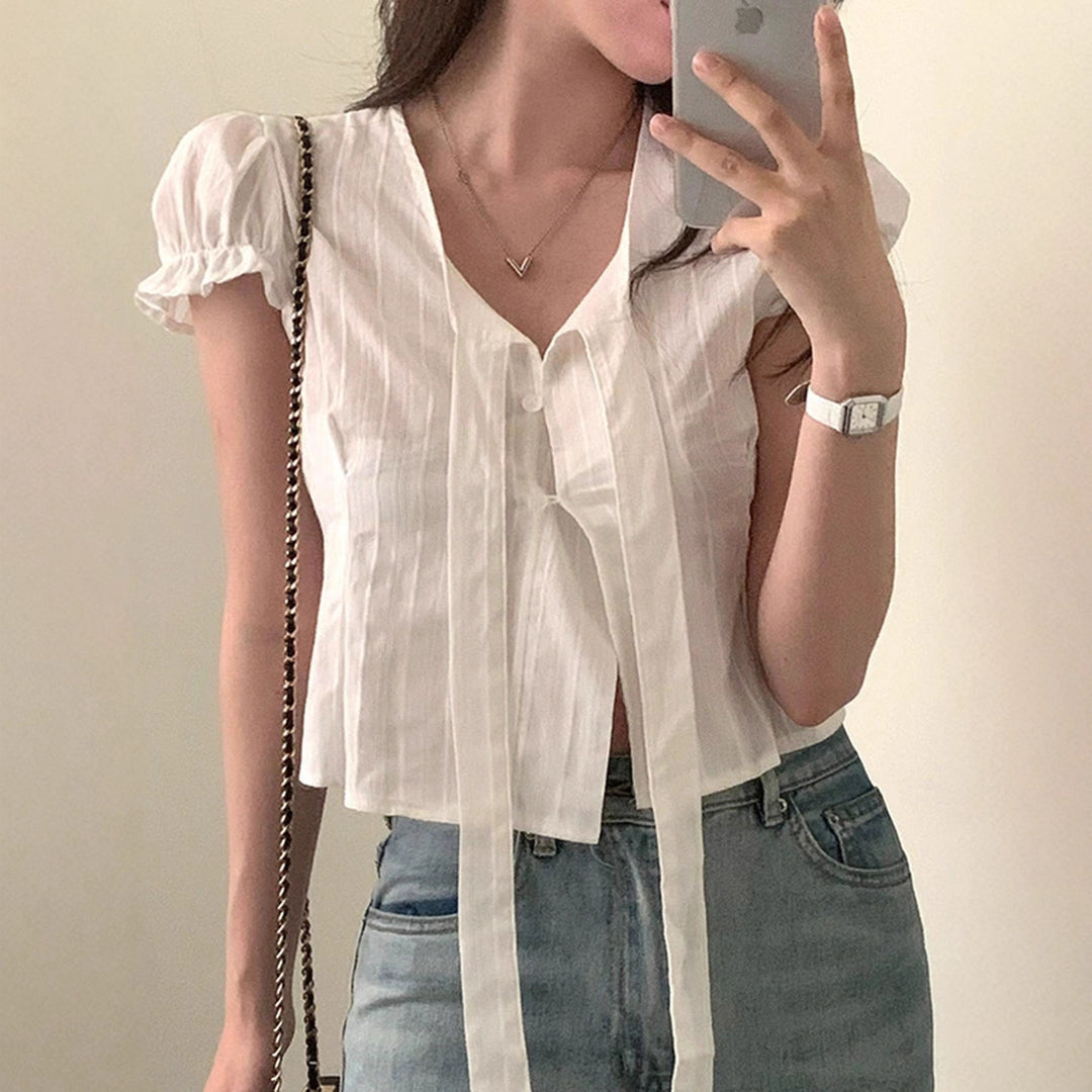Damen kurzarm bluse mit dekorativen bindebändern Echo Archiv
