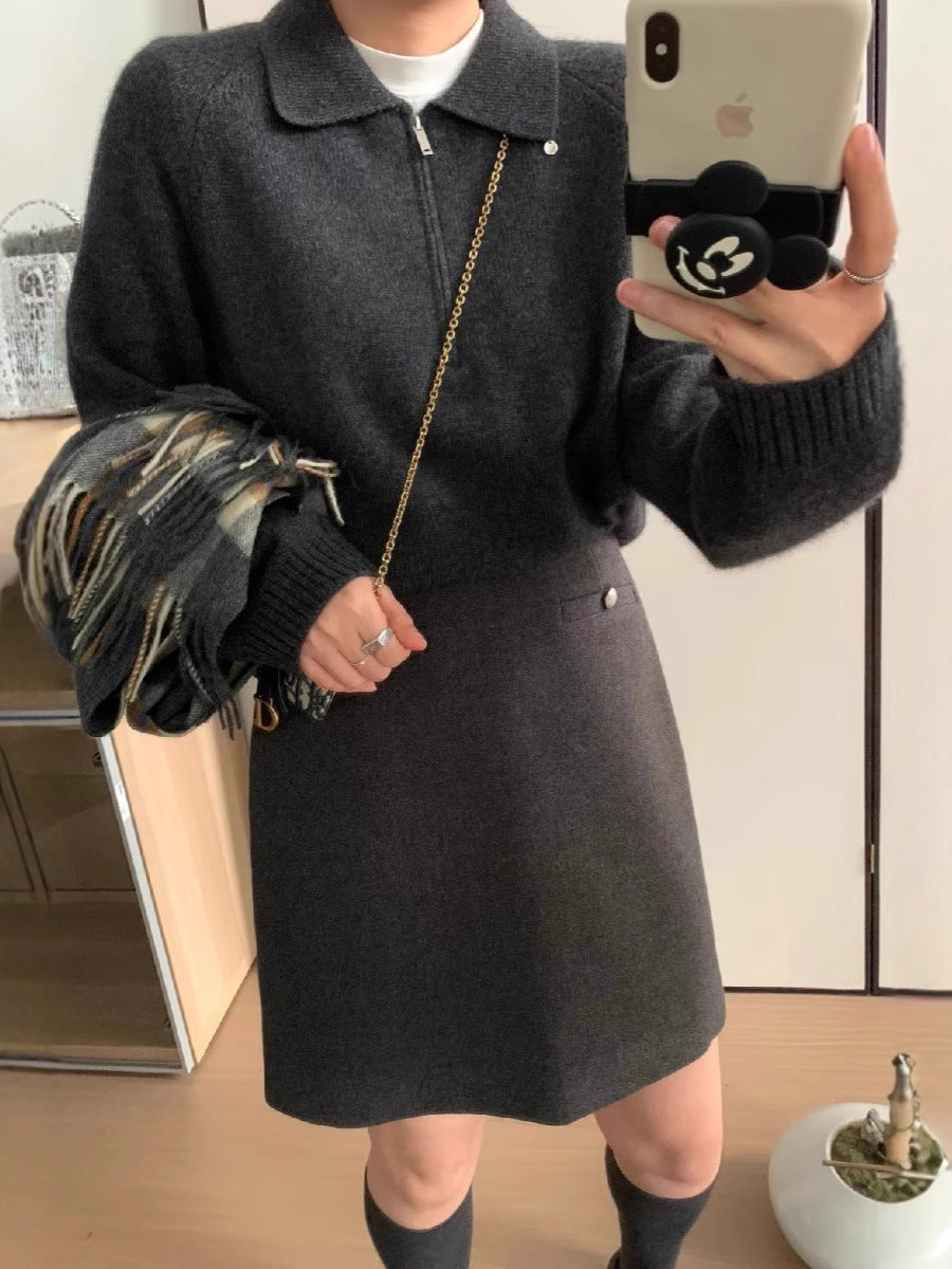 Damen Kurzzip-Polo-Pullover aus flauschigem Wollmix mit kastiger Silhouette Echoarchiv
