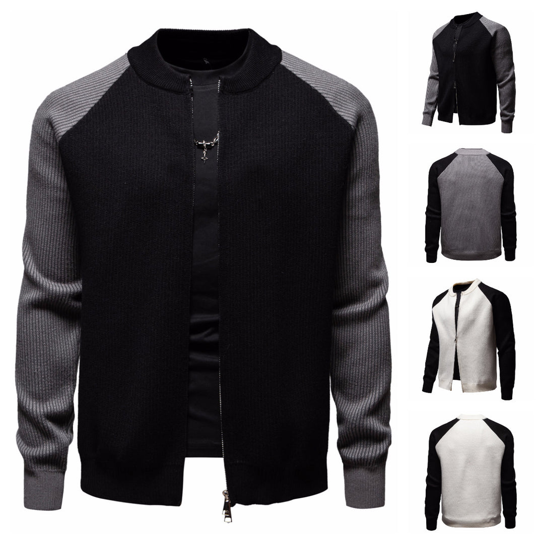 Herren modische Strickjacke mit durchgehendem Reißverschluss und kontrastierenden Ärmelstrukturen Echoarchiv