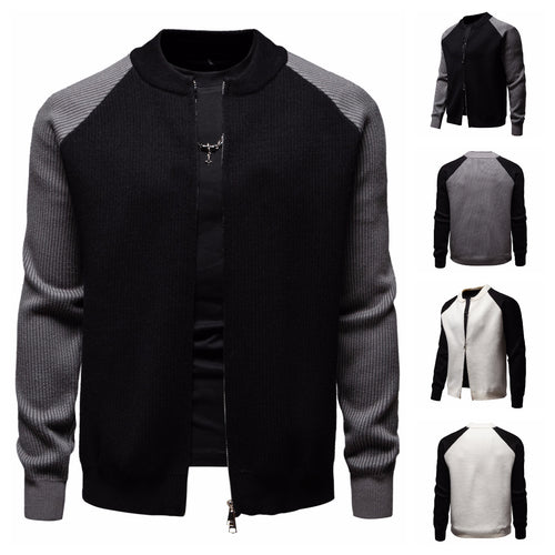Herren modische Strickjacke mit durchgehendem Reißverschluss und kontrastierenden Ärmelstrukturen Echoarchiv