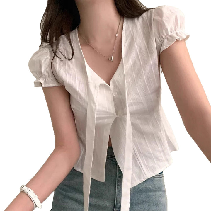Damen kurzarm bluse mit dekorativen bindebändern Echo Archiv