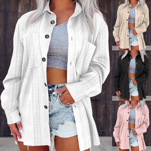Damen Oversize Strick‑Hemdjacke mit Zopfstrick, Brusttasche und Knopfleiste Echoarchiv