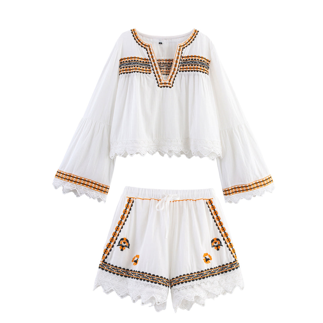Damen Bestickte Boho-Bluse mit weiten Glockenärmeln und Spitzensaum Echoarchiv