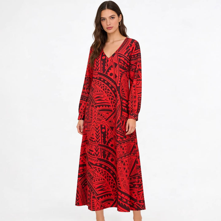 Damen Fließendes Maxikleid mit V-Ausschnitt, allover-geometrischem Print und weiter A-Linie – Valéora