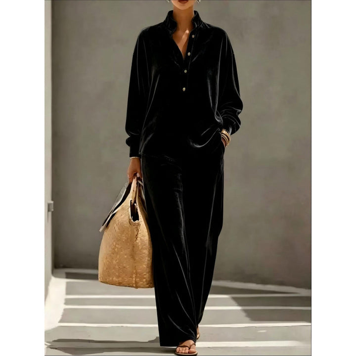 Damen Velours-Loungewear-Set mit Stehkragen-Henleytop und weiter Palazzohose Echoarchiv