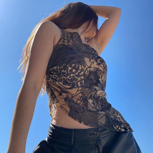 Damen Transparentes Spitzenoberteil mit floralem Muster und asymmetrischem Saum Echo Archiv