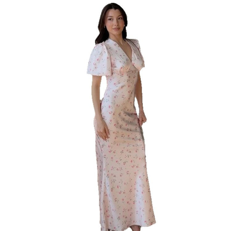 Damen Maxikleid mit floraler Satinoptik, taillierter Silhouette und kurzen Puffärmeln Echoarchiv