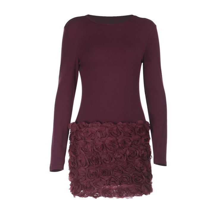 Damen figurbetontes Langarm-Minikleid mit 3D-Rosenapplikation – Avérine