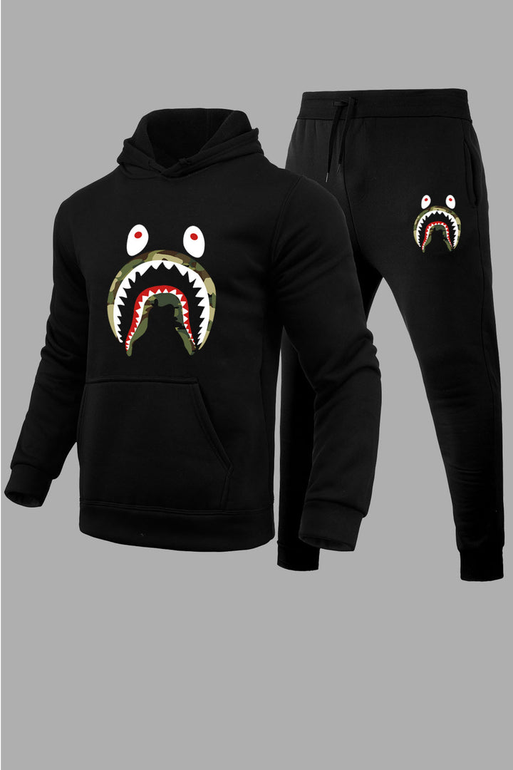 Herren Sweatshirt und Jogginghose Set mit auffälligem Haifischmotiv Echoarchiv