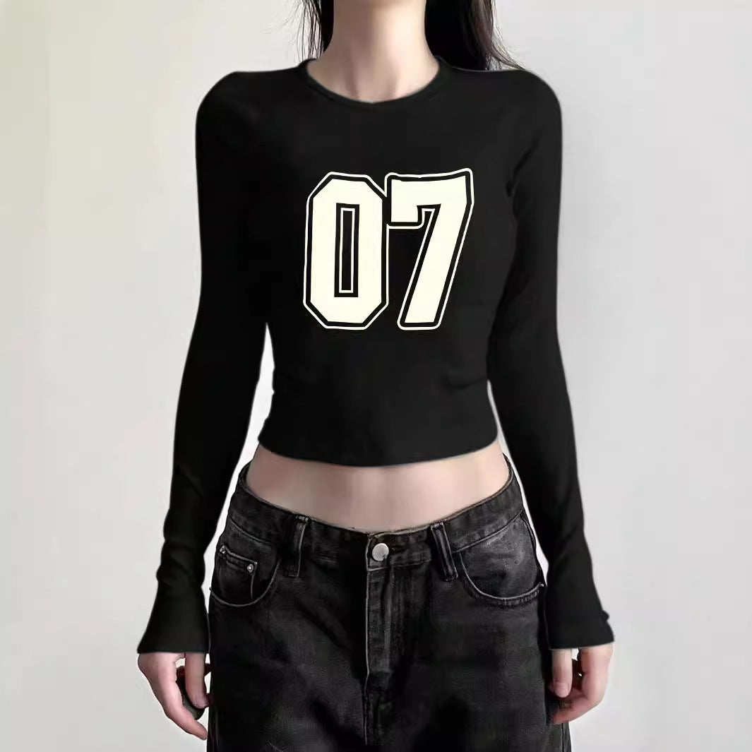 Damen figurbetontes Langarmshirt mit niedlichem Gänse-Print, Rundhalsausschnitt und leichtem Stretch – Avérine