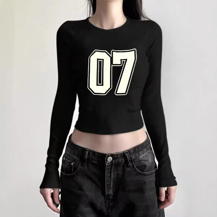 Damen figurbetontes Langarmshirt mit niedlichem Gänse-Print, Rundhalsausschnitt und leichtem Stretch – Avérine