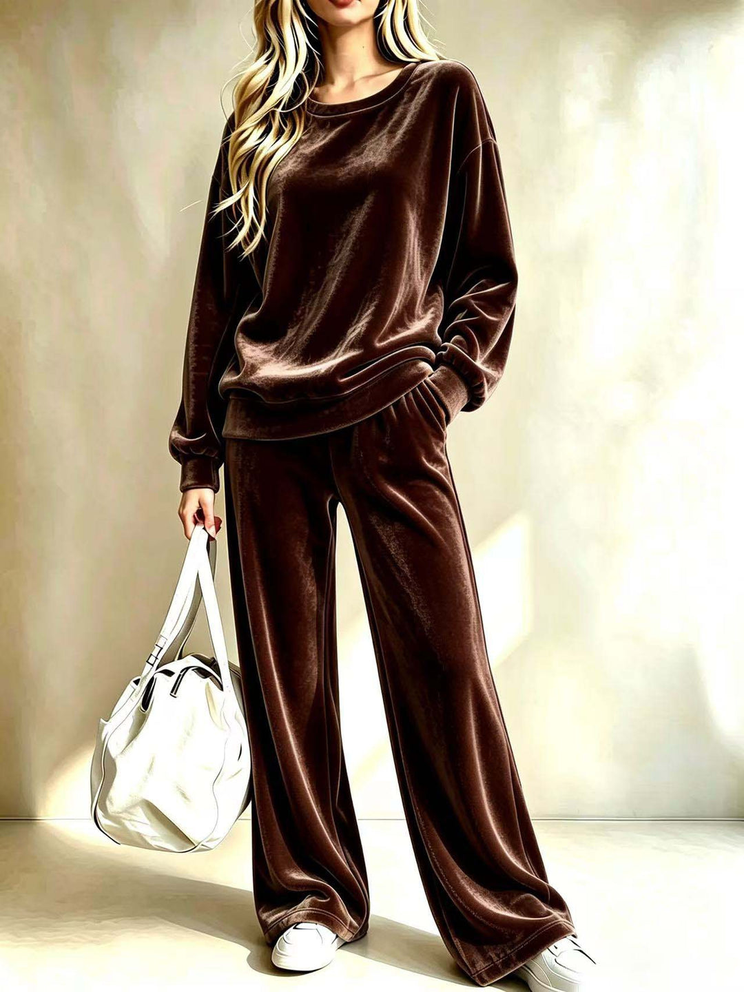 Damen Weiches Velours-Loungewear-Set mit weitem Bein und Rundhalsausschnitt Echoarchiv