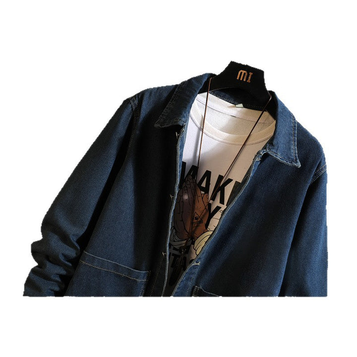 Herren nan langer Overshirt Mantel aus Denim mit Druckknopfleiste und aufgesetzten Taschen Echo Archiv