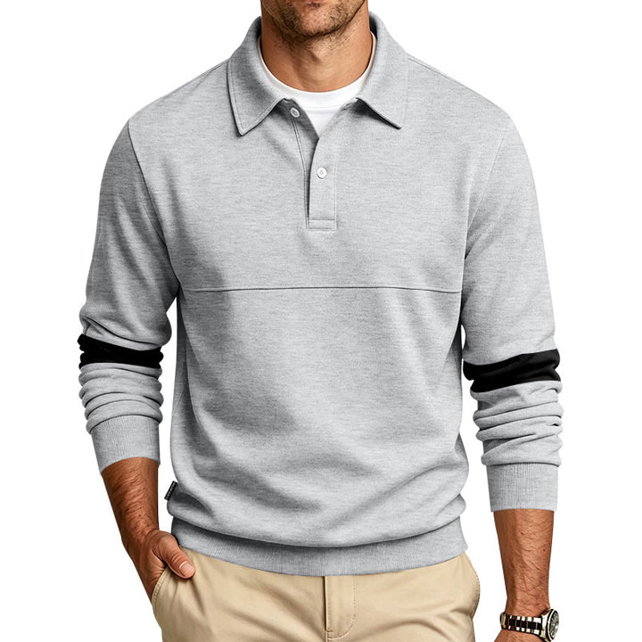 Herren Langärmeliges Poloshirt-Sweatshirt mit verdeckter Knopfleiste, Brustnaht und Kontraststreifen – Cavello