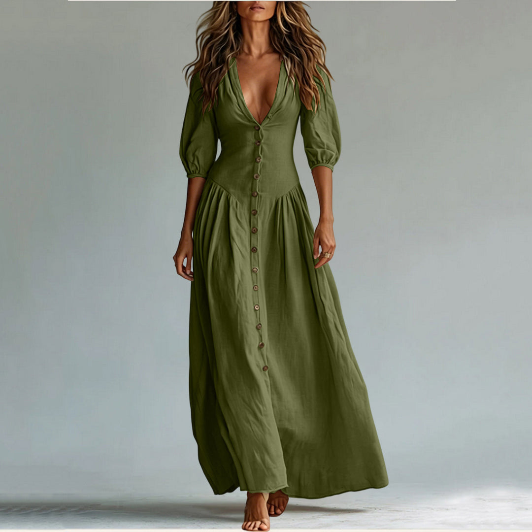 Damen Maxikleid mit tiefem V-Ausschnitt, durchgehender Knopfleiste und Ballonärmeln – Valéora