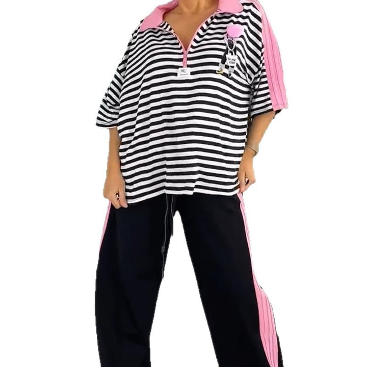 Damen nan lässiges zweiteiliges Polo-Lounge-Set mit Oversize-Streifen, Pompom-Applikation und kontrastierenden Seitenbahnen Echo Archiv