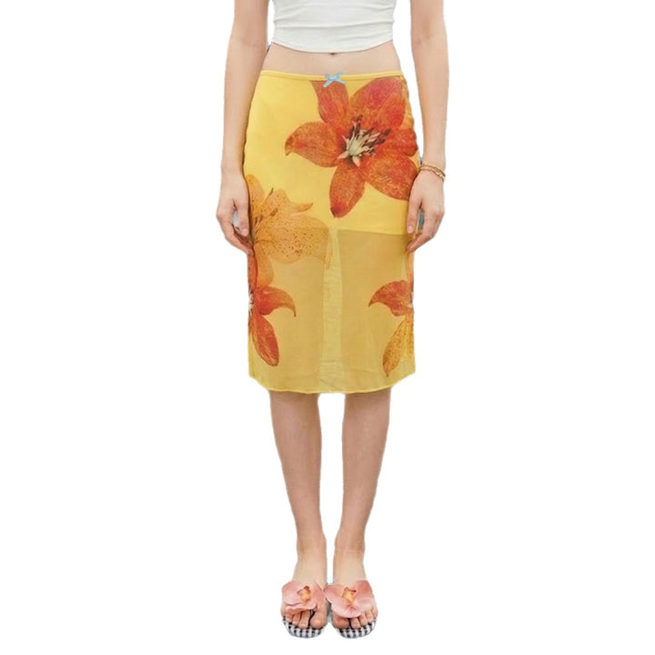 Damen Midi-Rock mit floralem Chiffon und elastischem Bund Echo Archiv