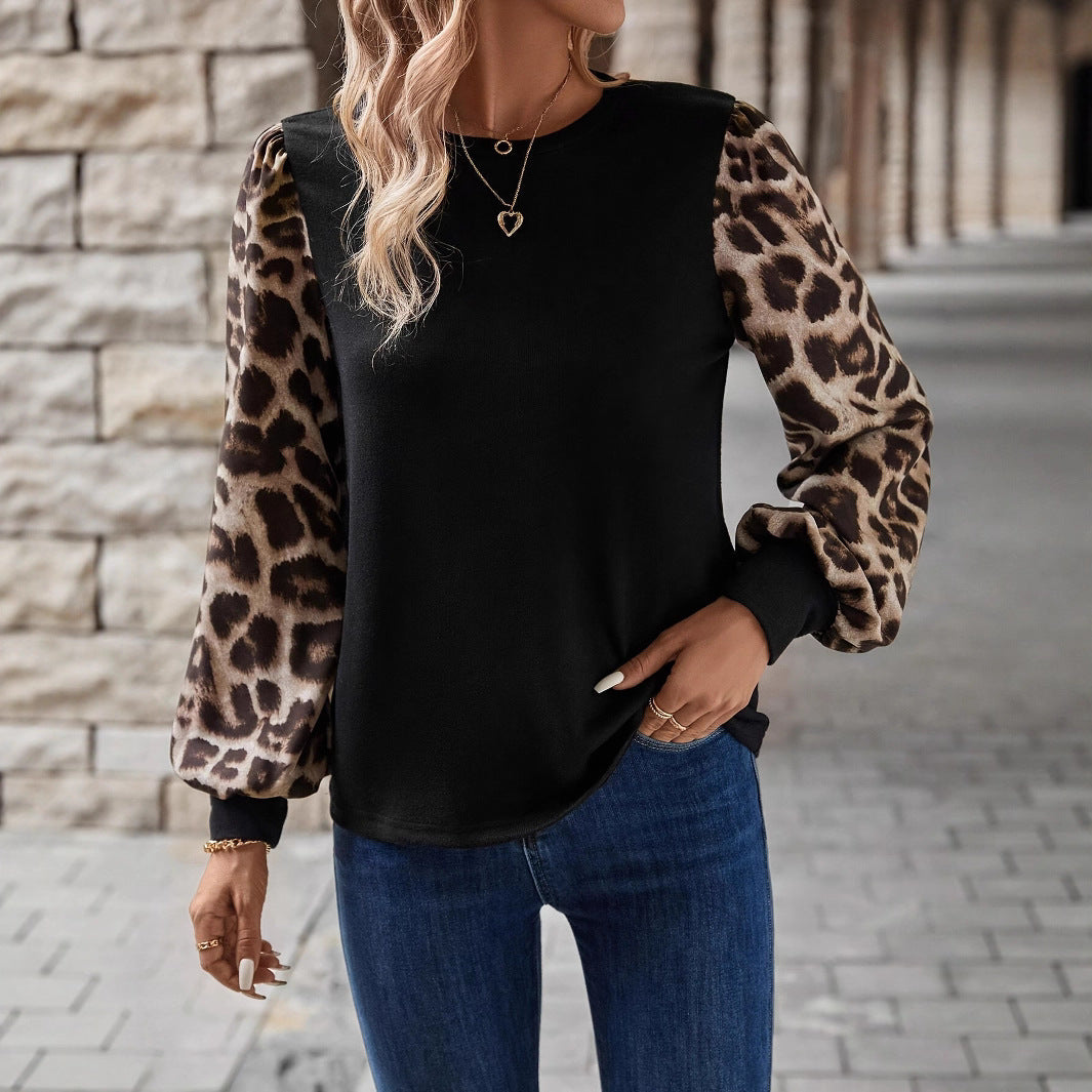 Damen SwEchoarchivtshirt mit modischen Leopardenärmeln Echoarchiv