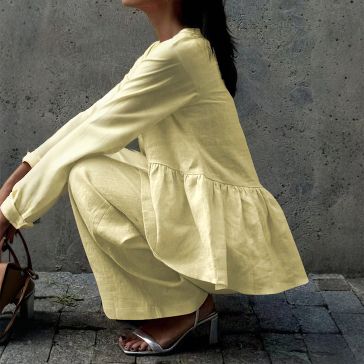 Damen nan legeres Leinenmix-Zweiteiler mit V-Ausschnitt Peplum-Bluse, Einknopfleiste und weitem Palazzo-Hosenbein Echo Archiv