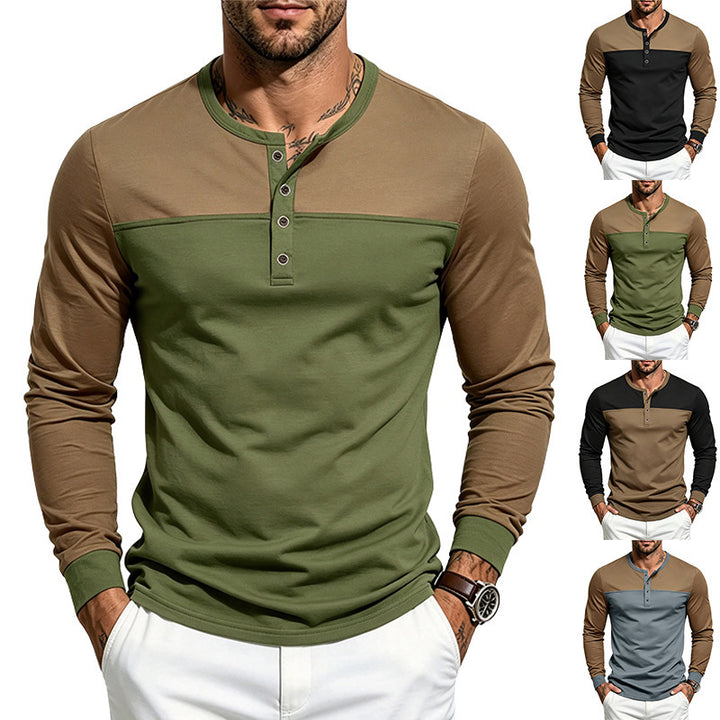 Herren Slim-Fit Henley-Langarmshirt mit Kontrastpaneel und Metallknopfleiste – Arvello