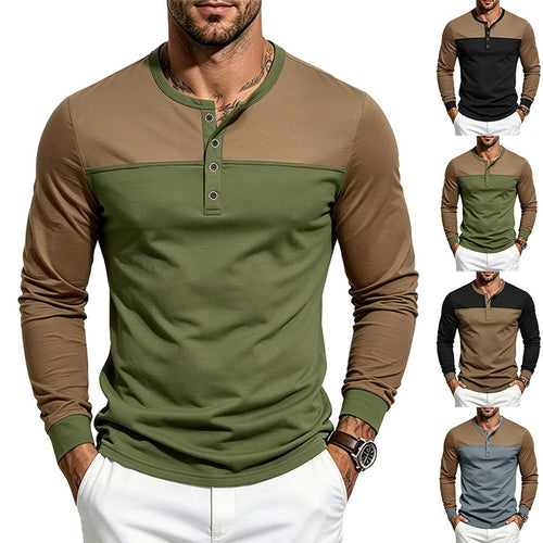 Herren Slim-Fit Henley-Langarmshirt mit Kontrastpaneel und Metallknopfleiste – Arvello