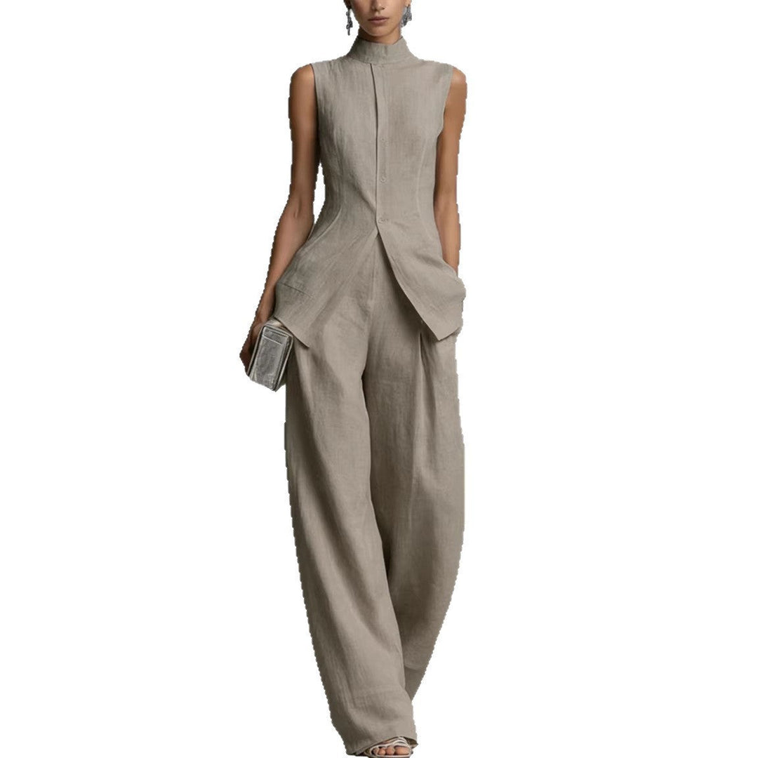 Damen Eleganter suit mit hochgeschlossenem Kragen und weitem Bein Echoarchiv