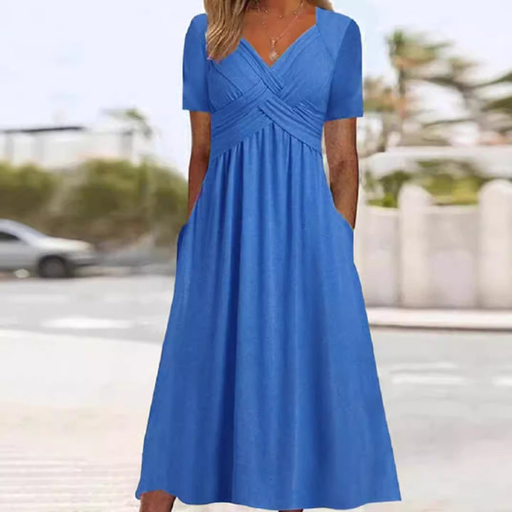 Damen nan luftiges V-Ausschnitt Midikleid mit überkreuzter Brustpartie, kurzen Ärmeln und Eingrifftaschen Echo Archiv