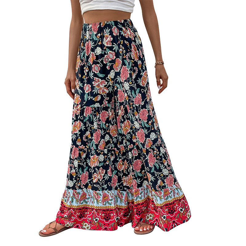 Damen Maxirock mit Stufen, elastischem Bund und floralem Boho-Print Echoarchiv