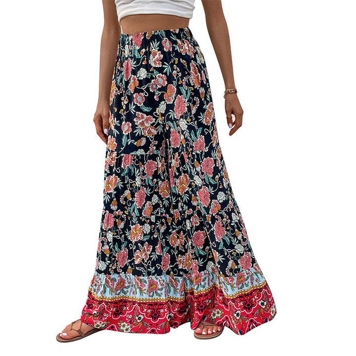 Damen Maxirock mit Stufen, elastischem Bund und floralem Boho-Print Echoarchiv