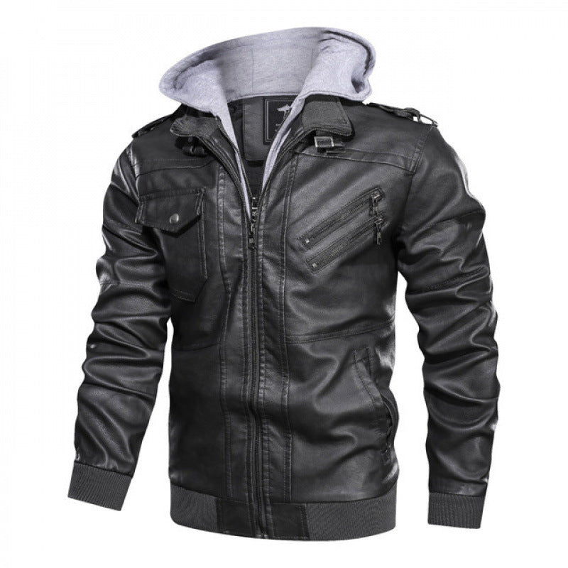 Herren Lederjacke im modernen Biker-Stil mit abnehmbarer Kapuze Echoarchiv