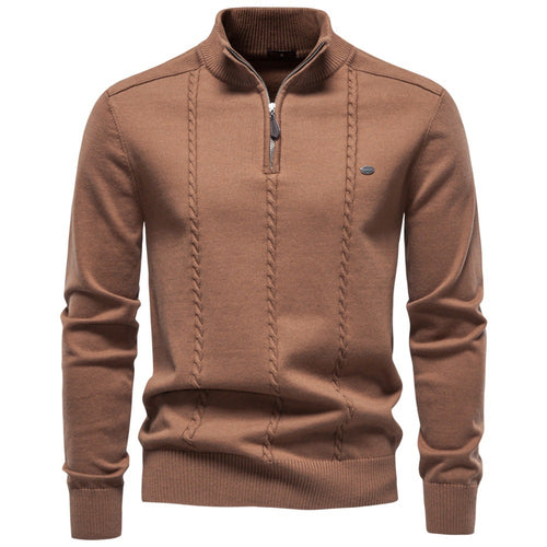 Herren Feinstrickpullover mit halbem Reißverschluss und vertikalem Zopfmuster Echoarchiv