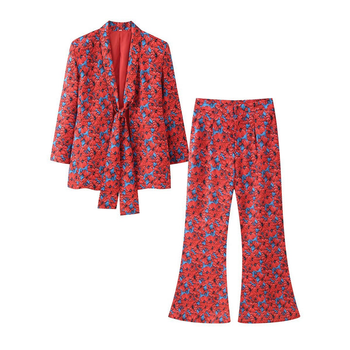Damen Zweiteiliges Blazer- und Schlaghosenset mit Knotenblende Echoarchiv