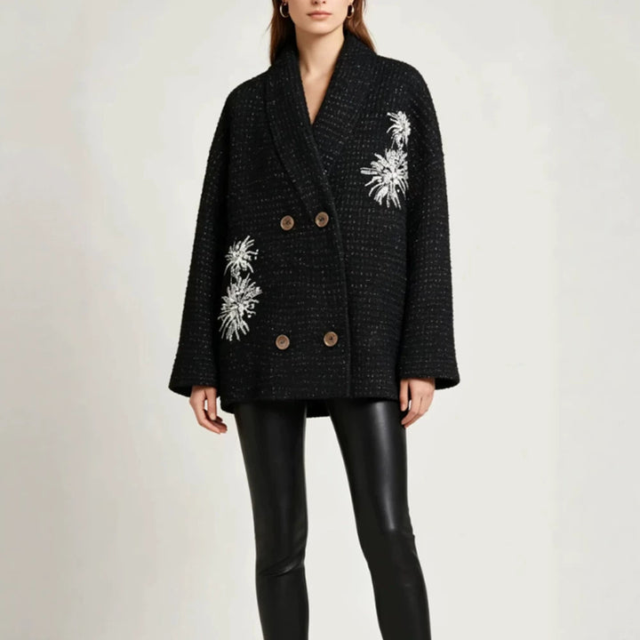 Damen Oversize-Bouclé-Manteljacke mit Schalkragen und floraler Stickerei Echoarchiv