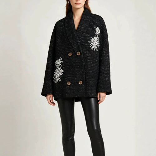 Damen Oversize-Bouclé-Manteljacke mit Schalkragen und floraler Stickerei Echoarchiv