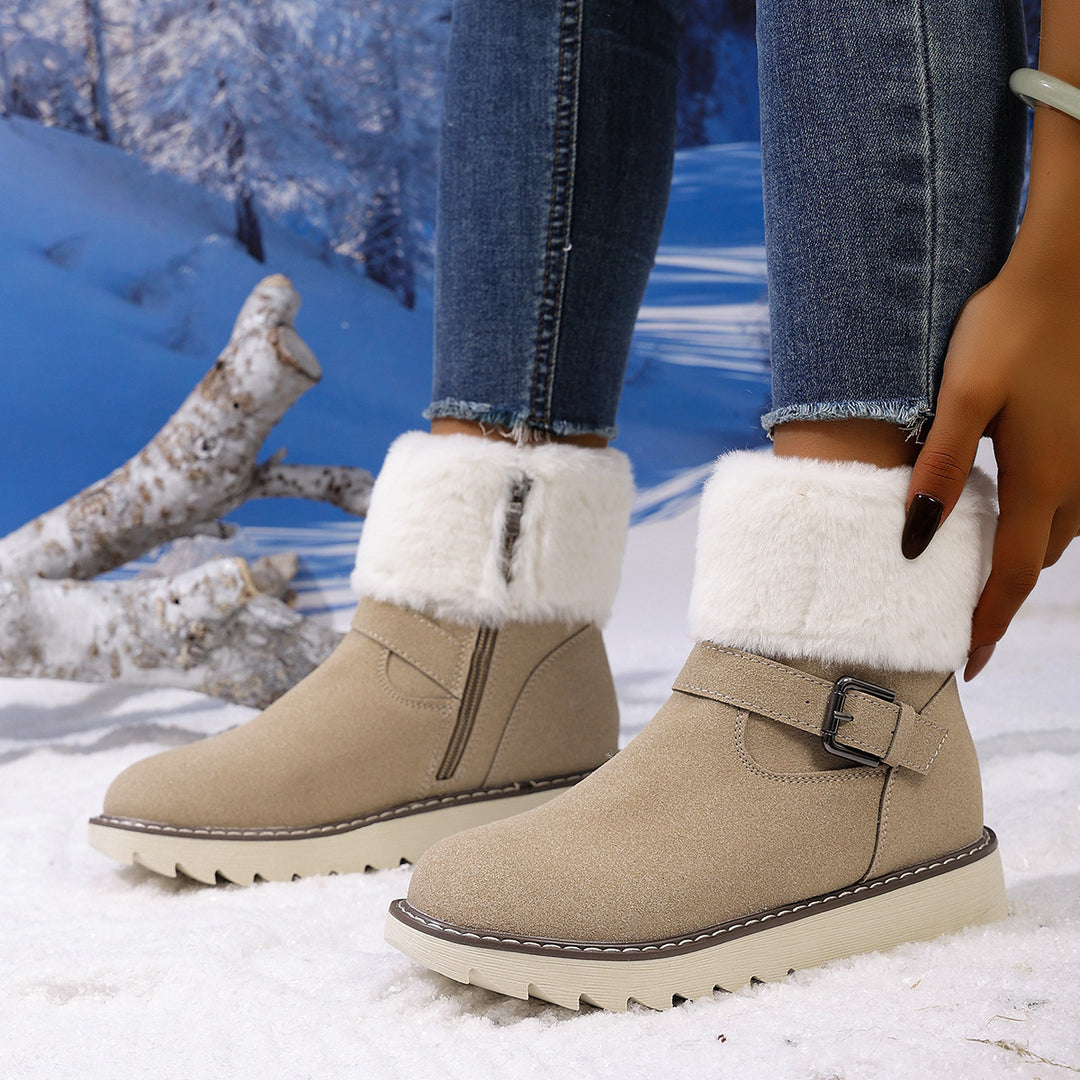 Damen Gefütterte Kurzstiefelette mit Kunstfellkragen, Velours‑Optik und Zierschnalle – Varelle