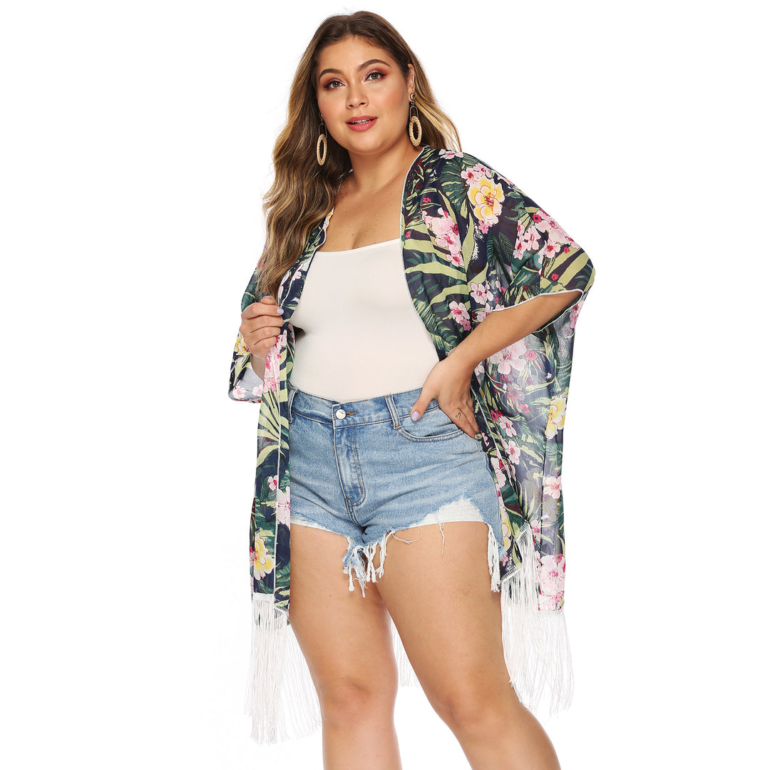 Damen luftiger Strandkimono mit fransigen Akzenten Echo Archiv