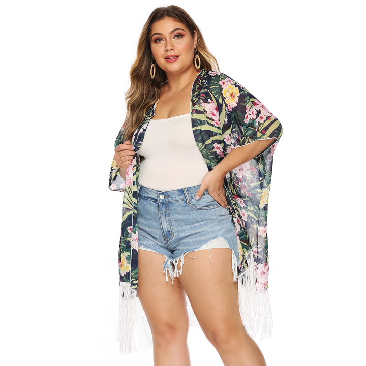 Damen luftiger Strandkimono mit fransigen Akzenten Echo Archiv